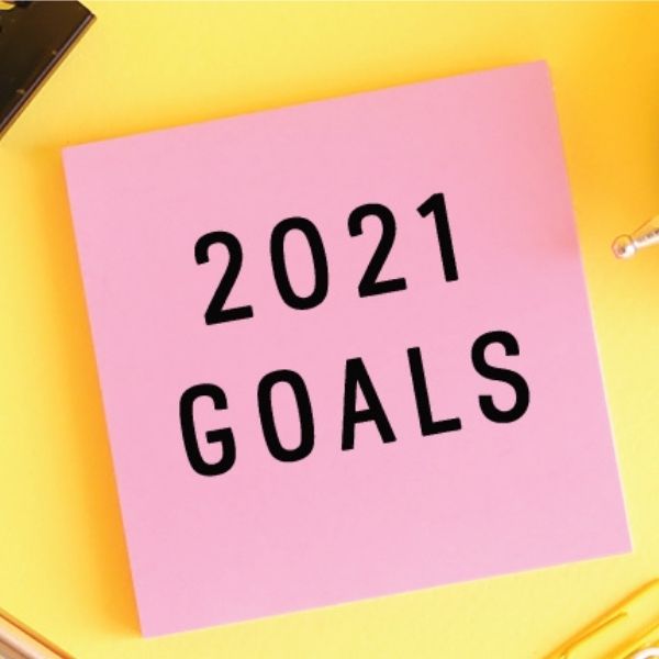 January 2021 feature image of pink posted note with "2021 Goals" written on it