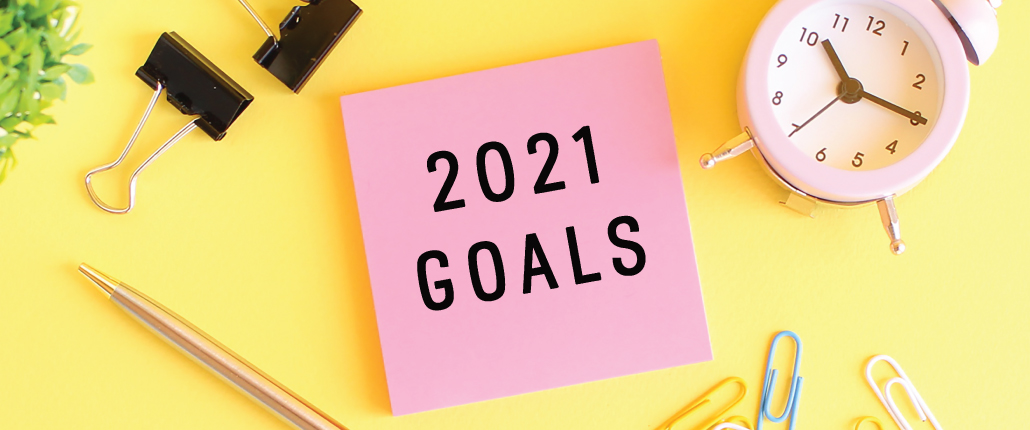January 2021 header image of pink posted note with "2021 Goals" written on it