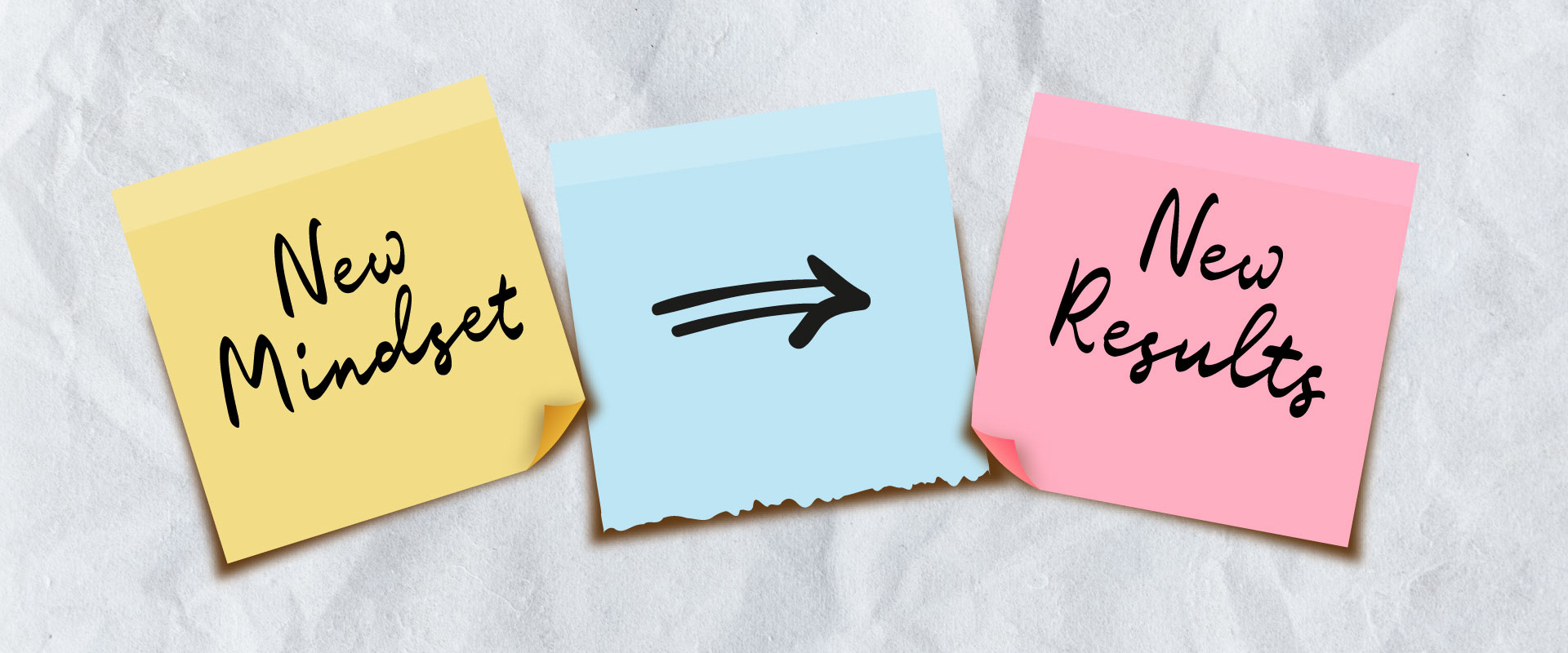 three post-it notes, the one on the left says "New Mindset", the middle has an arrow that points to the right, the right one says "New Results"