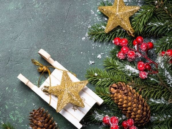 gold glitter star ornament on top of a wooden toy slay next to a pine tree cutting, pine cone, holly berries with snow