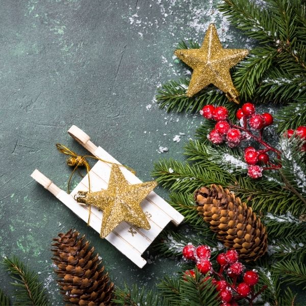 gold glitter star ornament on top of a wooden toy slay next to a pine tree cutting, pine cone, holly berries with snow