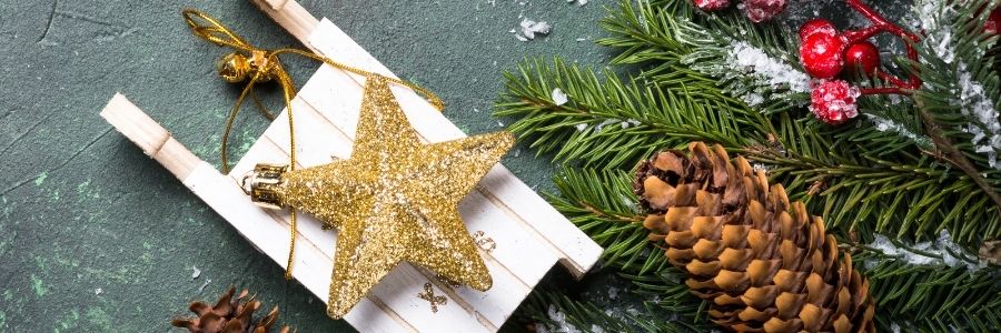 gold glitter star ornament on top of a wooden toy slay next to a pine tree cutting, pine cone, holly berries with snow